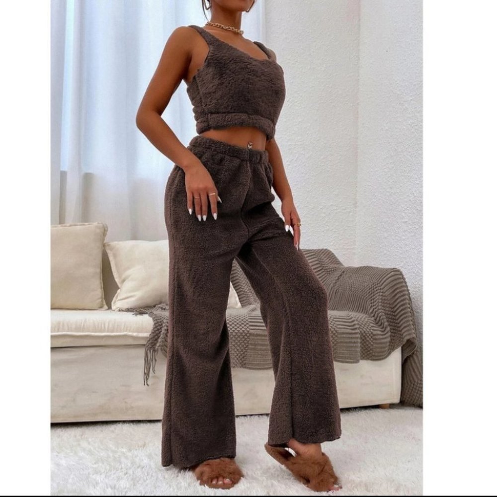 cozy brown teddy flannel cardigan & tank top & pants set fall winter warm casual - Picture 2 of 8